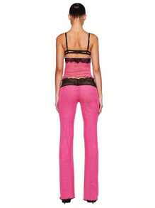 Women's Summer Slim Fit Two-Piece Sleeveless Lace Patch Vest+Pants Streetwear - 玫紅色 - 查看 2