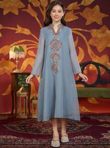 Tween Girls Middle East Arabic Indonesian Embroidered Dress - Green - View 3