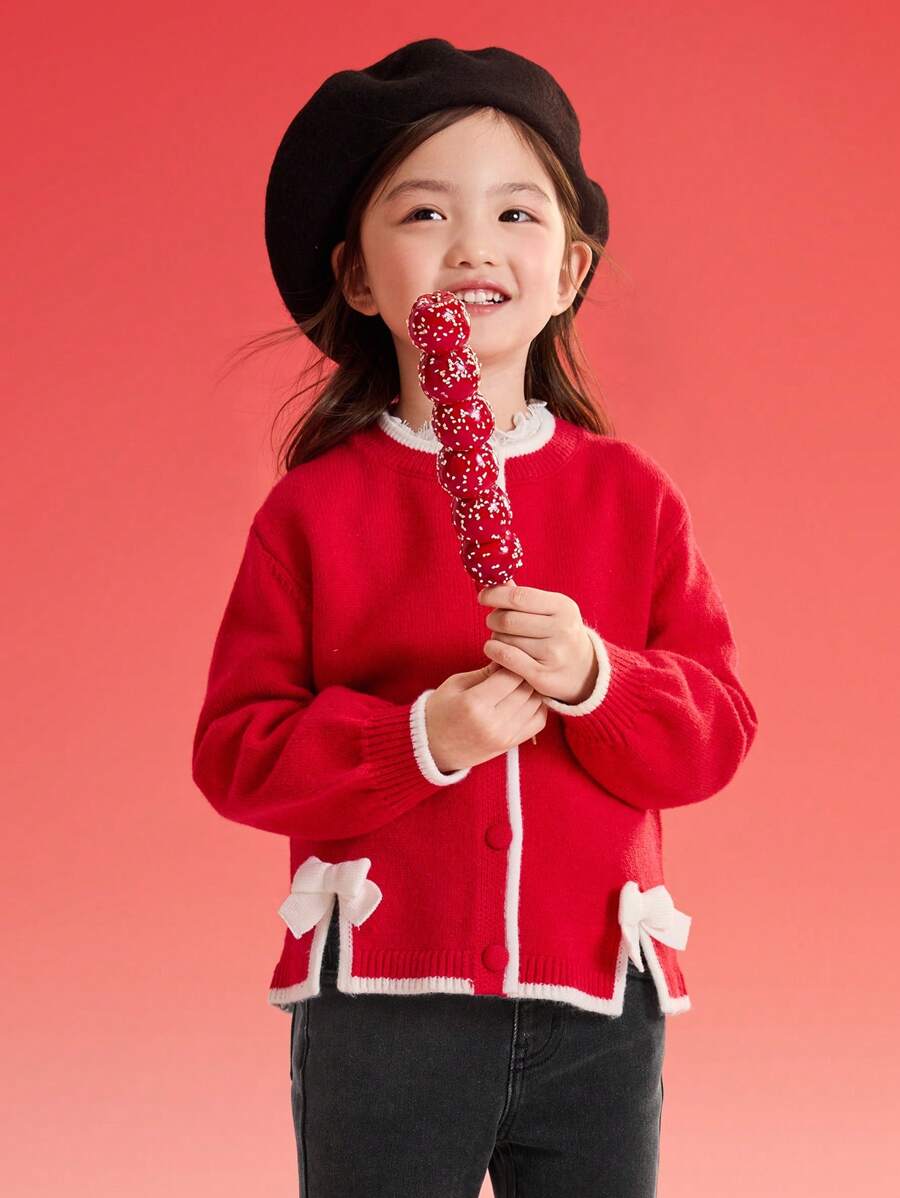 Balabala Girls' Knitted Cardigan, Sweet Spring Jacket For Young Girl - Chinese Red - View 1