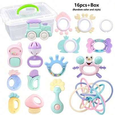 16pcs/Set Baby Rattle Toys Set, Teething Manhattan Ball, Chewable, Washable, Teething Rings, Newborn Birthday Gift For Boys And Girls (Packaging Box, Pattern, Accessories And Color Will Be Random)