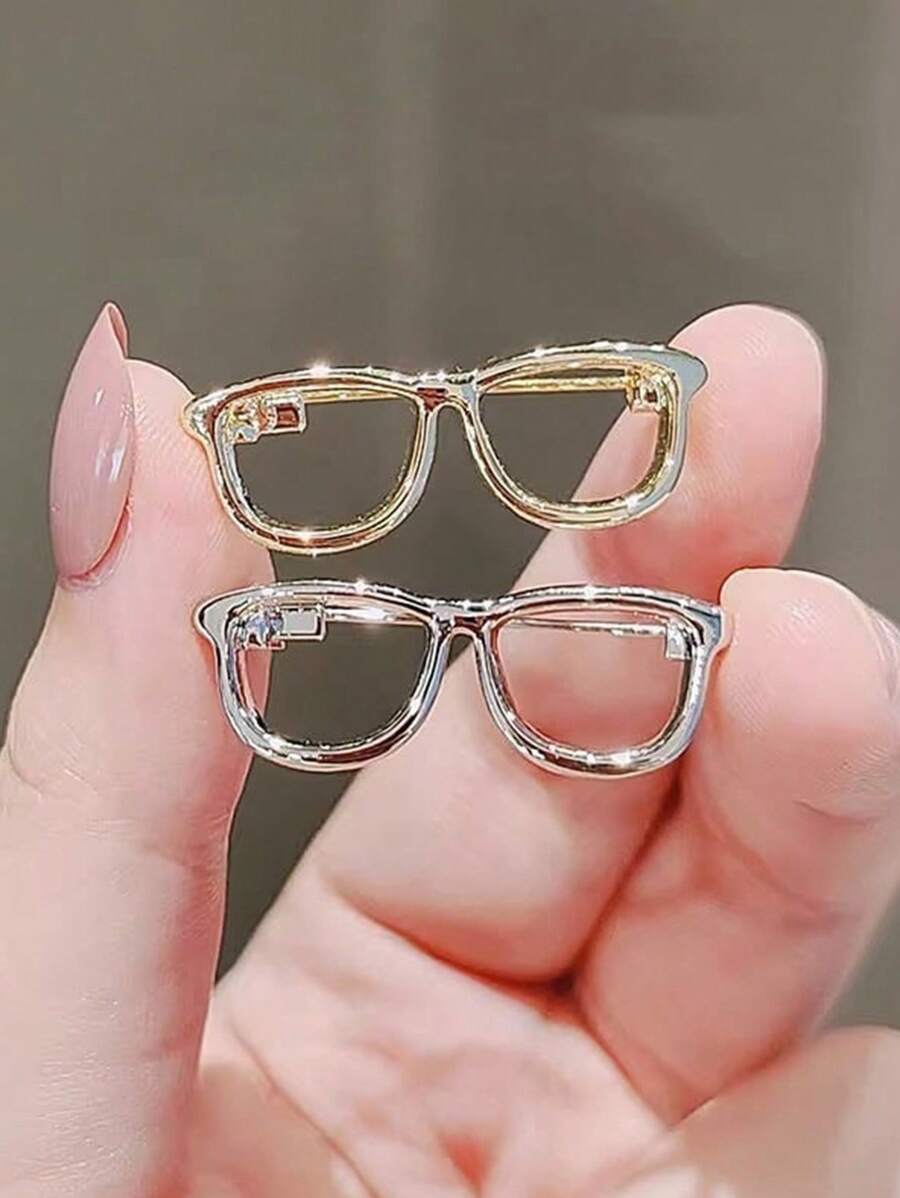 2pcs Creative Personalized Gold And Silver Two Color Glasses Shape Alloy Brooch Badge, Anti-Slip Waist Pin, Mini Trinket