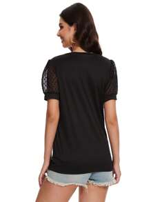 QGEMANWU Womens Summer Tops V Neck T Shirts Swiss Dot Puff Sleeve Tops Loose Casual Tshirts