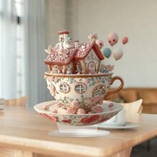1pc Valentine's Day Theme Romantic Cup Cottage Desktop Decoration, Multi Functional 2D Acrylic Decorative Ornament, Rose Coffee Cup Castle Shaped Design, Multi Purpose Home Decoration, Suitable For Valentine's Day, Ideal Anniversary, Valentine's Day And New Year Gifts