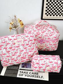 1pc Pink Flamingos Quilting Makeup Bag .Valentine's Day, Love/Lover, Heart, XoX0/Kiss White Travel Make Up Bag,Multifunctiona Cosmetic Bag Bathroom Wash Bag,Jewelry Storage Bag,Perfume Skincare Storage Bag,Brush Bag,Sanitary Napkin Bag,Headphone Bag,Coin Purse,Glasses Bag,Suitable For Home,Travel, School, And Work.Suitable For Women,And Students.Holiday Gifts Birthday Gifts Christmas Gifts Mom's Gift Souvenir - Pink - View 2