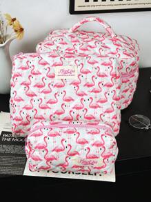 1pc Pink Flamingos Quilting Makeup Bag .Valentine's Day, Love/Lover, Heart, XoX0/Kiss White Travel Make Up Bag,Multifunctiona Cosmetic Bag Bathroom Wash Bag,Jewelry Storage Bag,Perfume Skincare Storage Bag,Brush Bag,Sanitary Napkin Bag,Headphone Bag,Coin Purse,Glasses Bag,Suitable For Home,Travel, School, And Work.Suitable For Women,And Students.Holiday Gifts Birthday Gifts Christmas Gifts Mom's Gift Souvenir - Pink - View 1