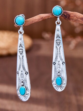 1 对 MONLOTTI 复古西式银色乡村泪珠形绿松石吊坠耳环，波西米亚风格女士珠宝，适合日常、节日、派对佩戴/珠宝礼物