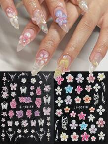 Valentine's 5D Geprägte Blumen Cluster Nagel Aufkleber Weiß Rosa Gelb Blau Blütenblätter Rose Schmetterling Linie Acryl Frühling Sommer Floral Slider Nagel Deko Nail Art Zubehör 2 Stücke