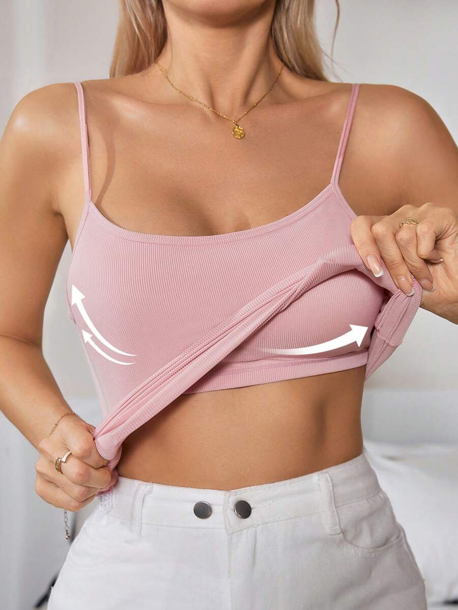 BASICS Fashion Women Adjustable Spaghetti Strap Padded Tank Top Camisole Bra Cami With Built-In Padding Clothing Crop Bralette - Pink - View 1