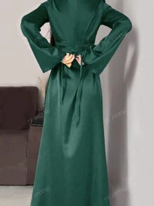 Women's Round Neck Flare Sleeve Tied Waist Elegant Style Arabian Dress,Modest