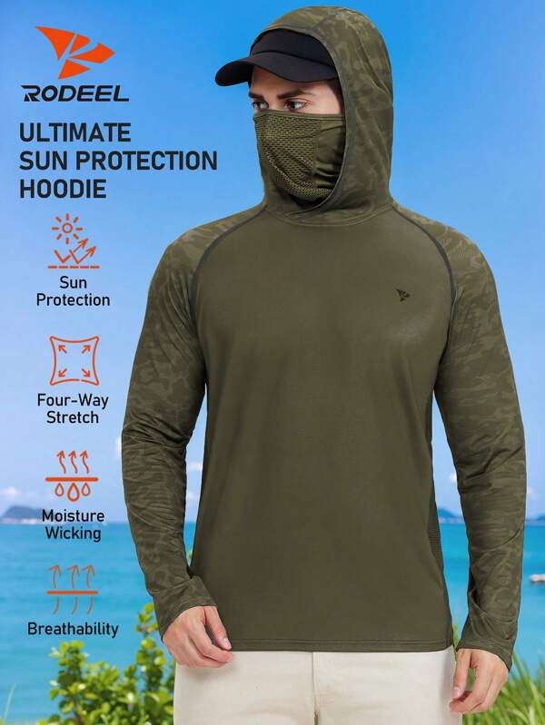 RODEEL Men's Hooded T-Shirt With Face Mask Gradient Printed Raglan Quick-Drying Breathable Long Sleeves Suitable For Outdoor Sports Fishing And Hiking