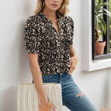 SANOPY Elegant Floral Pattern Women's Blue Casual Shirt, Suitable For Summer, Party, Beach, Holidays - 黑色 - 查看 2