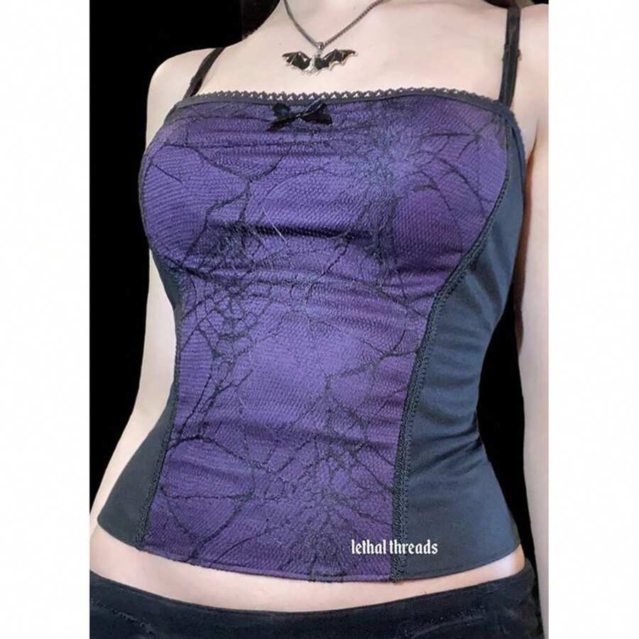 Women Y2k Sexy Backless Camisole, Girls Gothic Creative Spider Web Lace Edge Back Zipper Sleeveless Tops Slim Base Shirt - 紫色 - 查看 1