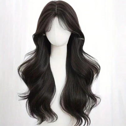 24 英寸 240 克耐热合成假发，中长波浪刘海，优雅假发适合女性日常佩戴，黑棕色