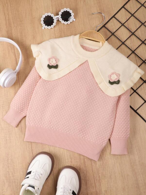 Maglione oversize con colletto a volant per ragazze, nuovo autunno/inverno 2024, maglione a maglia caldo e versatile per bambini, in colore rosa carino