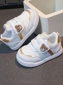 Lindo oso de punto de dibujos animados antideslizante PU suela blanda zapatos deportivos de los niños, los niños y las niñas de moda ligero y transpirable zapatos antideslizantes, gancho pegajoso y cierre de bucle de los niños ronda dedo del pie zapatos deportivos casuales, adecuado para adolescentes, niños, bebés, baloncesto, tenis, fútbol, deportes al aire libre y ocasiones casuales. - Dorado - Ver 4