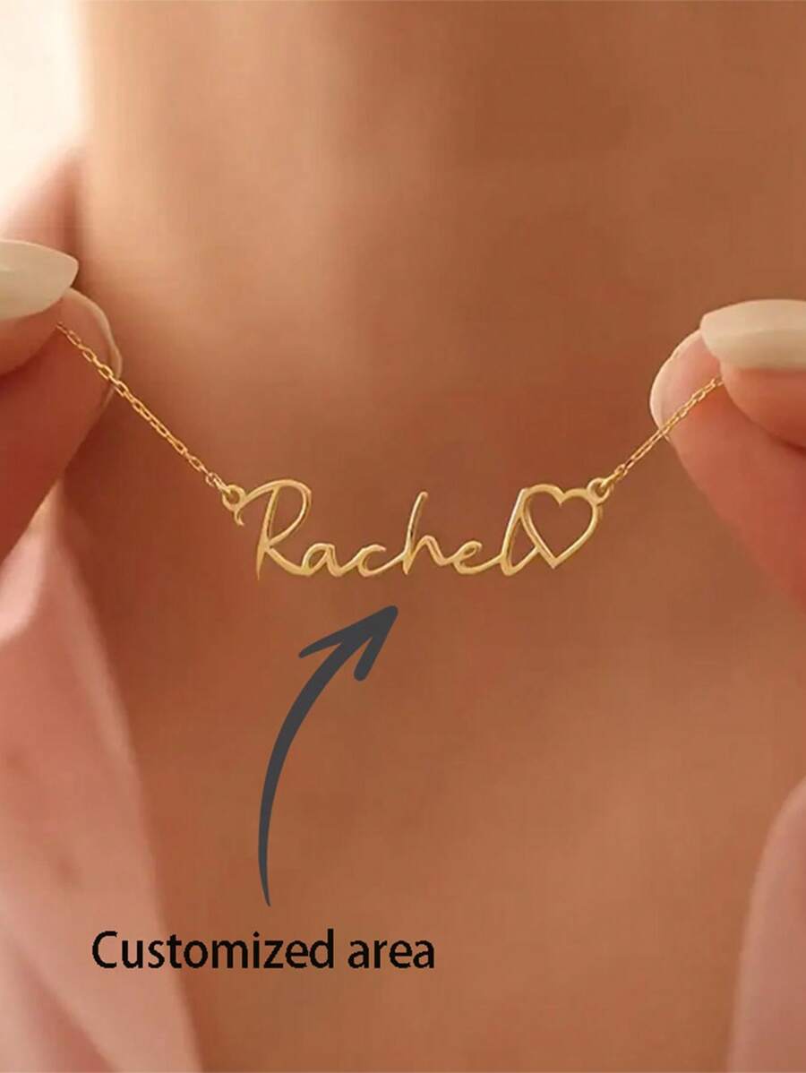 1PC 18K Gold-Plated Stainless Steel Elegant Bohemian Style Personalized Name Pendant Necklace - Heart-Shaped Name Plate Jewelry, Suitable For Women To, Is An Ideal Choice For Gifts And Parties. - Multicolor - View 1