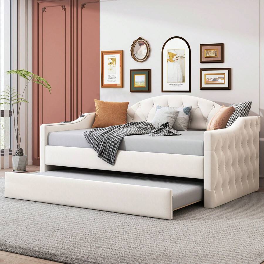 MERAX Twin Size Tufted Upholstered Daybed With Trundle, Velvet Sofabed With USB&Type-C Charging Ports,No Box-Spring Needed, Beige - 米色 - 查看 1