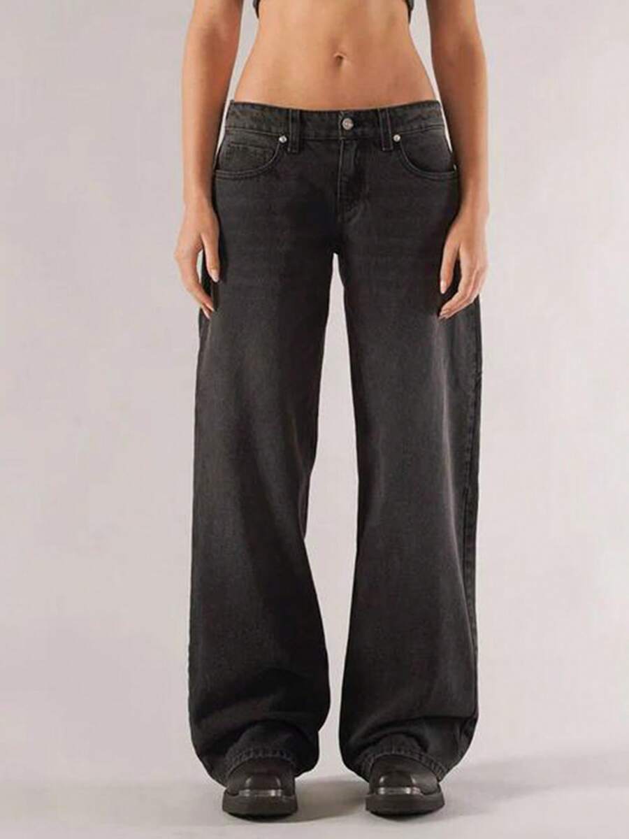 Y2k Baggy Jeans For Women Low Rise Straight Wide Leg Denim Pants Loose Fit Distressed Cargo Denim Pants Vintage 90s Loose Fit Casual Solid Boyfriends Jeans With Pockets Streetwear Trousers Fall Spring Outfits - Màu xám đen - Xem 1