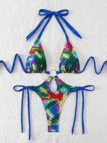 1 pièce Maillot de bain une pièce d'été pour femmes avec impression écaille de poisson, détails d'anneau métallique, laçage et dos nu sexy et évidé, à coupe haute