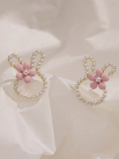 Gorgeous Rabbit Bunny Stud Earrings: Made From Gold-Plated Alloy, Faux Pearls & Flowers. Allergy-Free, Ideal Holiday Birthday Graduation & Anniversary Gift For Girls Over 15