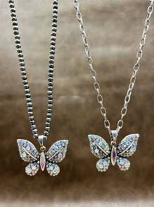 1 Set Vintage Western/Country Style Beaded CCB/Chain/Butterfly Pendant Necklace & Butterfly Drop Earrings, Suitable For Women/Girls To Accessorize Casual Outfits, Parties, Jewelry Gift For Family/Friends/Yourself