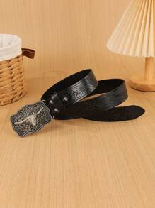 1pc Cowboy Style Embossed Western PU Leather Belt, Casual Bohemian Rivet Decor Belt, Fashionable, Suitable For Young People In All Seasons Summer, School