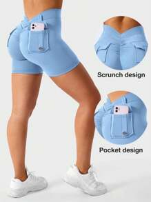 VOYJOY Workout Shorts With Pockets For Women V Back Scrunch High Waisted Shorts Charm Gym Yoga Biker Shorts - 淺藍 - 查看 6