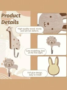 5pcs Wooden Animal Shaped Cute Wall Hooks, Children's Room Decor Self Adhesive Clothing Hanger Storage Hooks