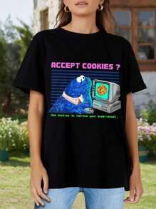 Accept Cookies? 8-Bit Art Computer Screen Cookie Monster Digital Cookies Humor Internet Meme Pixel Art Pop Culture Retro Humor Vintage Computer For Women's Women's T-Women Shirt - 黑色 - 查看 2