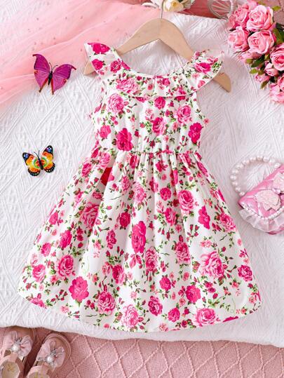 Young Girls' Ditsy Floral Round Neck Ruffle Hem Sleeveless Cute Sweet Vacation Style Dress, Spring/Summer'