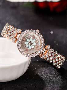 6 件/套优雅奢华青少年水钻装饰石英表和水钻首饰套装项链、手链、耳环、戒指，奢华优雅，闪闪发光，送给朋友、派对假期感恩节、返校的礼物 - 玫瑰金 - 查看 4