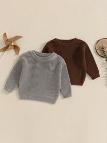 3Moths-5Years Baby Toddler Knit Sweater Solid Color Crew Neck Long Sleeve Pullover Tops Casual Winter Fall Clothes - Gris - Ver 6