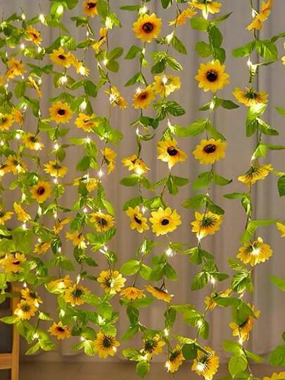 Artificial Sunflower Garland Hanging Sunflower Vines With Green Leaves,Sunflower Rattan Light String,Silk Flowers For Home Room Kitchen Garden Wedding Arch Bridal Party Outdoor Decor Medium Spring.