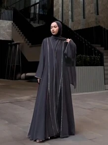 1pc Diamond Studded Arabic Robe With Headscarf, Modest Abaya - Grey - View 1