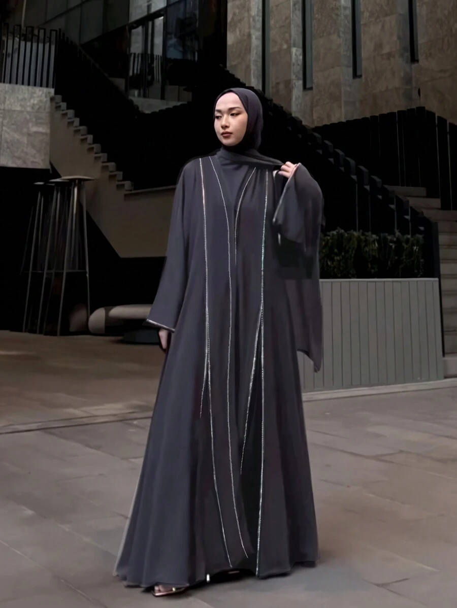 1pc Diamond Studded Arabic Robe With Headscarf, Modest Abaya - Grey - View 1
