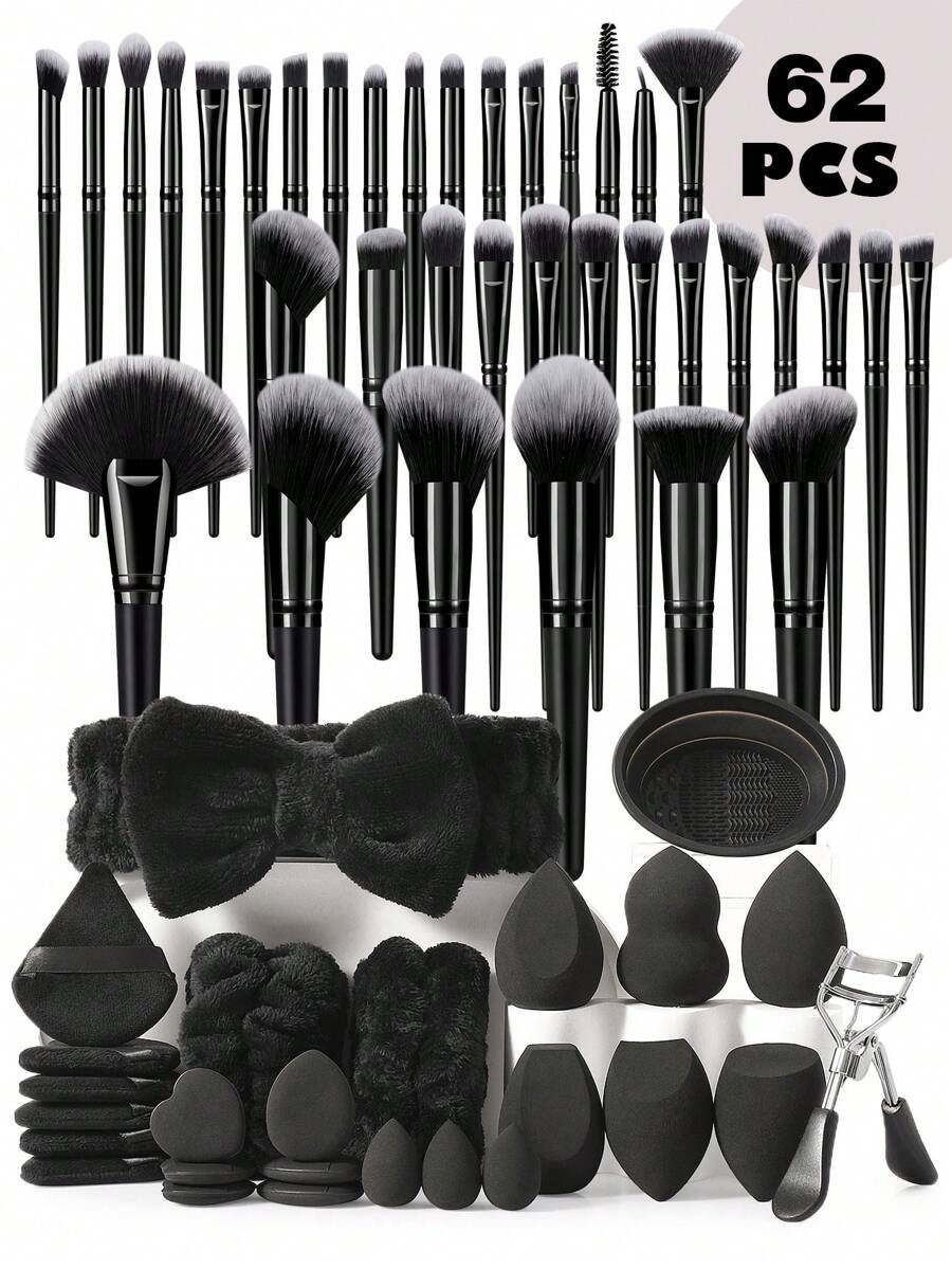 6/26/36/62PCS Makeup Tools Set Including:36PCS Makeup Brush Set+6PCS Makeup Sponges+3PCS Mini Makeup Sponges+6PCS Triangle Powder Puffs+6PCS Mini Air Cushion Powder Puffs+1pc Eyelash Curler+1pc Hairband+2PCS Hand Bowl Strap+1pc Makeup Brush Cleaning Tools - 黑色 - 查看 1