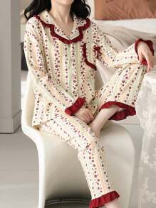 2 件 Ditsy Floral 女士长袖睡衣和睡裤，柔软家居服套装春秋 - 米色 - 查看 1