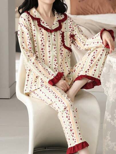 2 件 Ditsy Floral 女士长袖睡衣和睡裤，柔软家居服套装春秋