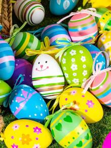 24/12/2PCS 多色悬挂塑料复活节彩蛋，复活节树装饰悬挂复活节彩蛋，手绘彩蛋复活节树篮装饰 DIY 工艺品复活节派对礼物，派对装饰 - 彩色 - 查看 4