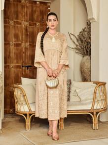 Elegant Women's Arabic Embroidered Beaded Golden Dress With Tassel Pompom Trim, V-Neck, 3/4 Sleeve, Fashionable And Graceful, Spring/Summer 2025. RAMADAN, Eid Al Adha (Not Positioned Printed, Random Cut), Modest Kaftan - Apricot - View 2