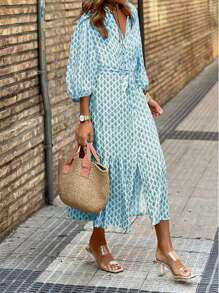 Vestido casual/de trabajo con estampado floral de 360 grados y cinturón para mujeres