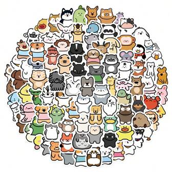 100 张可爱卡通动物涂鸦贴纸，学校用品，返校