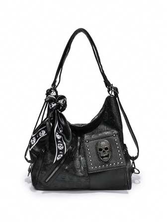 New Skull Rivet Decorated Alternative Fashion British Style Women Large Capacity Handbag Shoulder Bag Crossbody Bag, Halloween Bags Perfect For Fancy Party Matching With Halloween Costumes