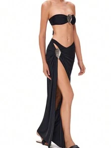 女士 3 件套抹胸比基尼套装，带花卉图案和配套沙滩裙