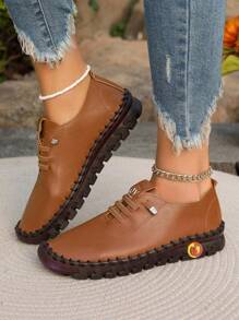 Zapatillas de mujer cómodas y suaves.Zapatillas casuales para mujer - Decoración metálica, estampado a cuadros, suela plana, ligero, versátil, zapatillas blancas - Marrón - Ver 2