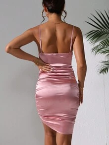 Vestido mini ajustado de unicolor, sexy, con pliegues, con tirantes de espagueti, espalda descubierta, sin mangas, vestido de verano ligero y sin mangas para mujer