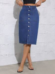 Women Blue Casual Versatile Button-Down A-Line Skirt, Loose Fit, Pockets, Multiple Wearing Style, Suitable For Spring/Summer - Dark Wash - View 1