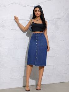 Women Blue Casual Versatile Button-Down A-Line Skirt, Loose Fit, Pockets, Multiple Wearing Style, Suitable For Spring/Summer - Dark Wash - View 5