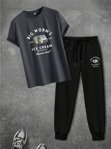 Men's Bus Graphic Print Casual Daily Wear Short Sleeve T-Shirt And Pants Set