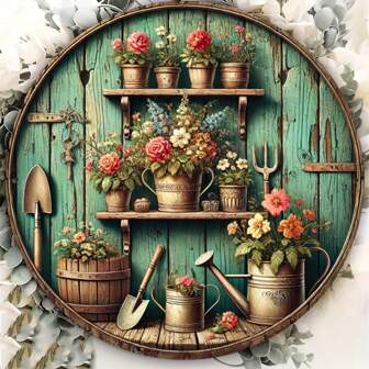 1pc Vintage Garden Round Metal Wall Decor, European Floral & Tool Design, Clear Image, Suitable For Home, Room, Bathroom, Bar, Cafe, Farmhouse Decoration, Novelty Retro Plaque Decoration, 7.87x7.87 Inches